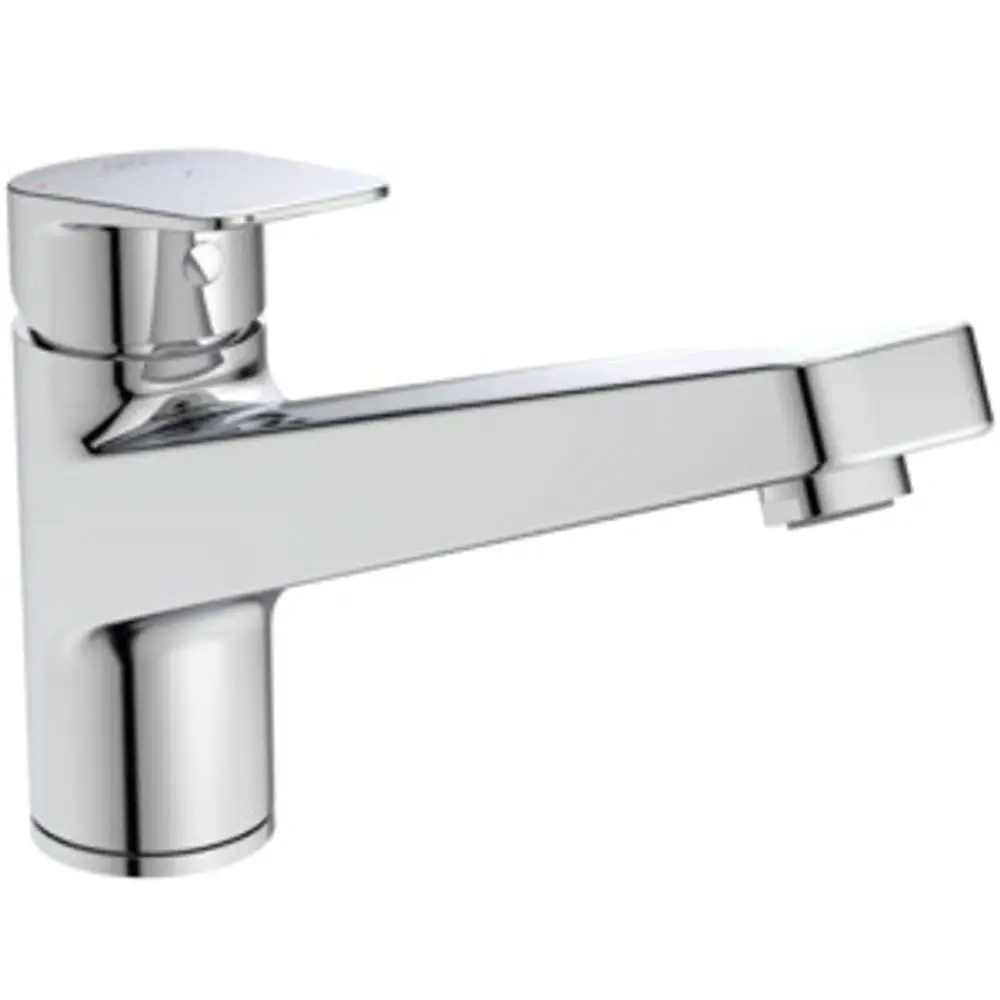 Chromierte Küchenarmatur von Ideal Standard mit einem modernen Auslauf und einem schlichten Design. Der Hebel zur Temperaturregelung befindet sich oben.